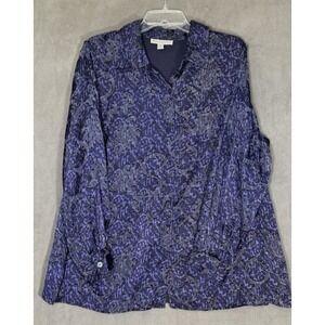 JM Collection Woman Blouse 18W Navy Blue Burnout Damask Button Front Long Sleeve